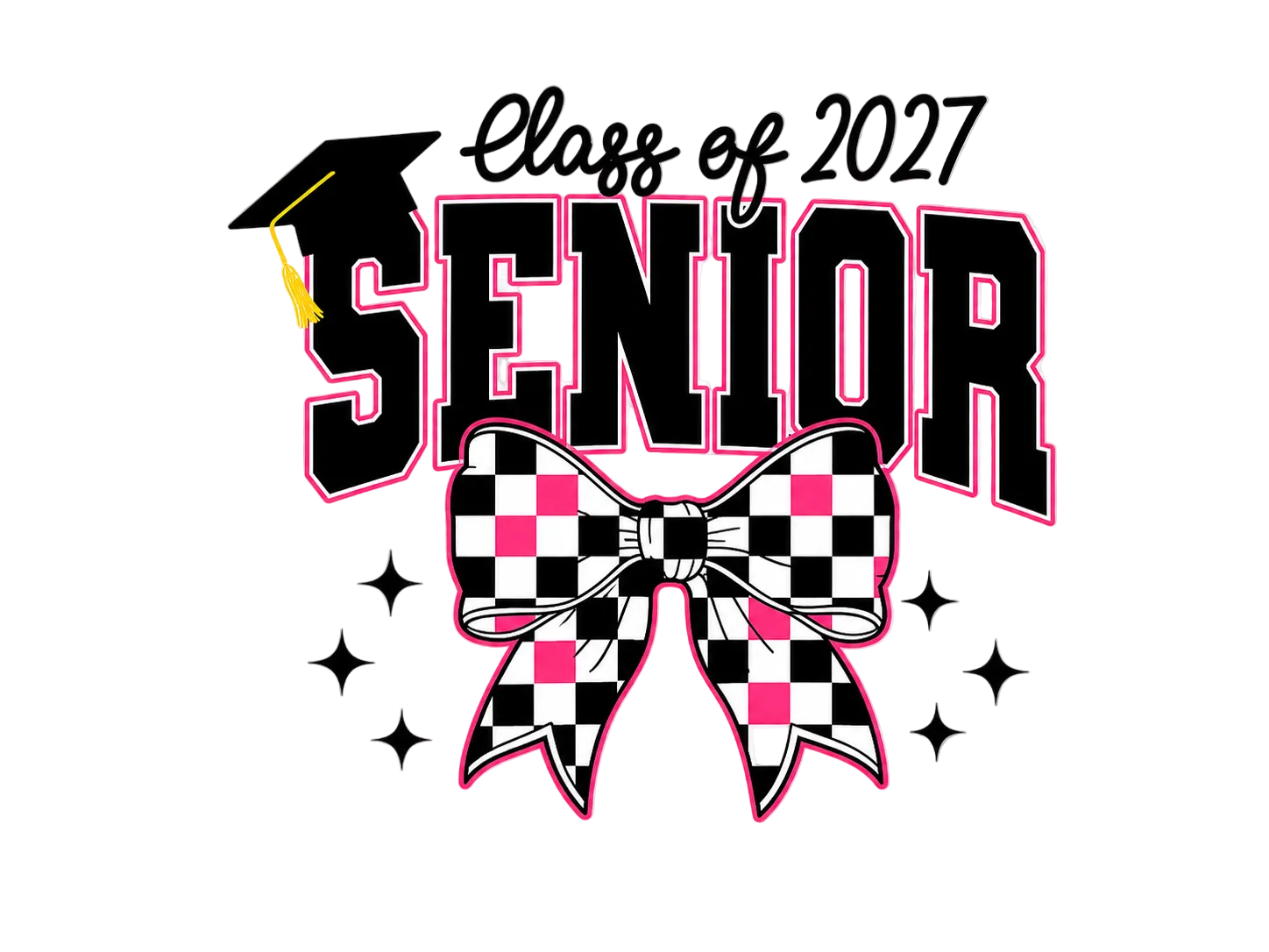 Class of 2027 Senior Pink Checkered Bow DTF ready to press iron on transfer for clothing t-shirts and hoodies